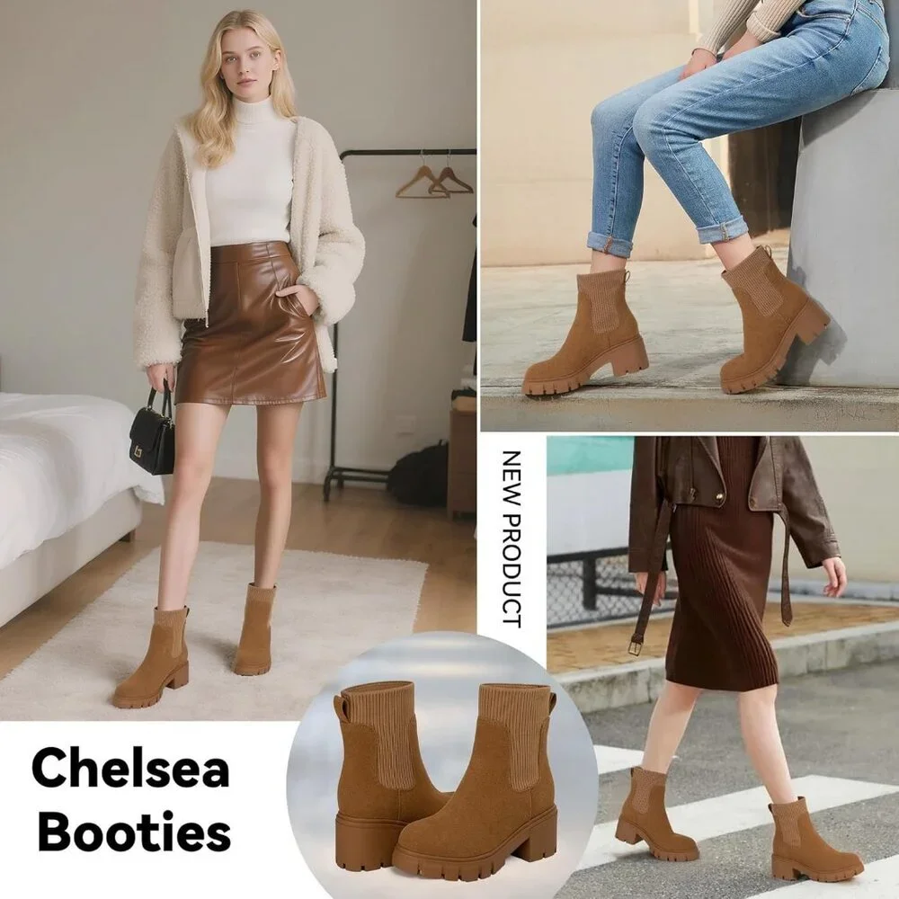 Women's Brown Suede Chelsea Platform Boots Slip On Lug Sole Chunky Ankle Booties - Picture 6 of 6